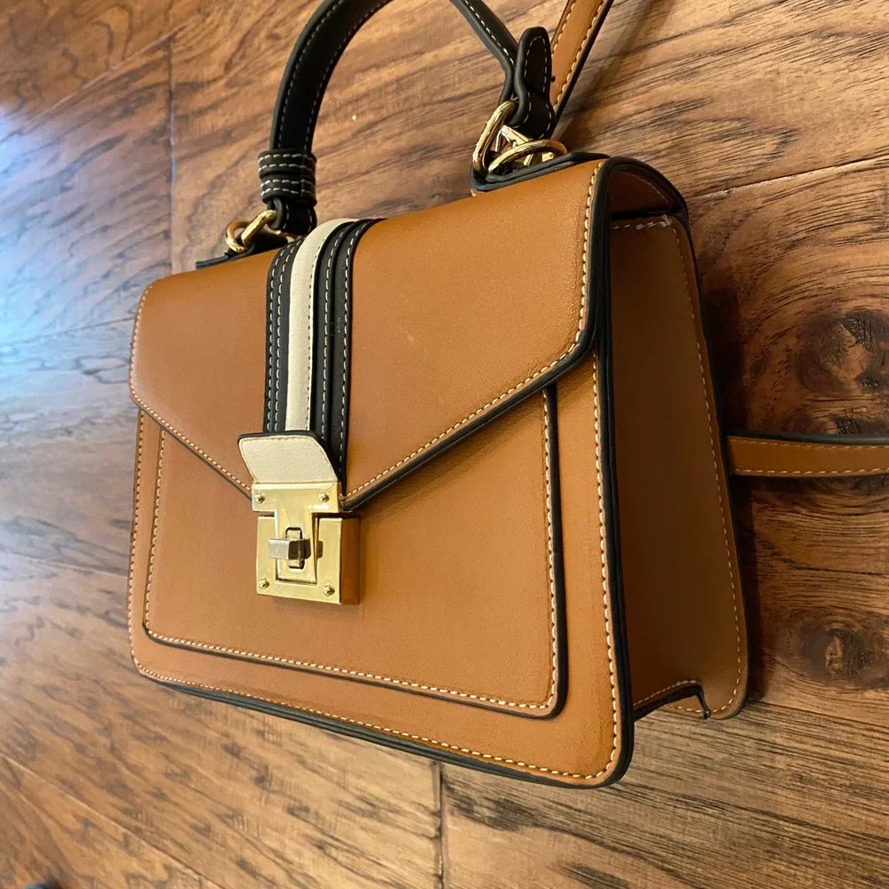 Tan Faux Leather Striped Satchel Crossbody Bag Gold Hardware Top Handle Handbag